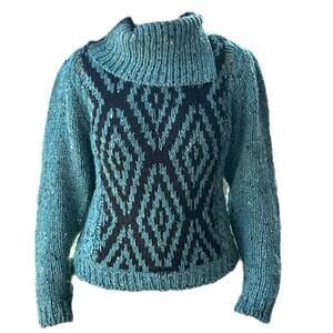 Diane Von Furstenberg Wool Blend Chunky Knit Diamond Print Teal Black Sweater M
